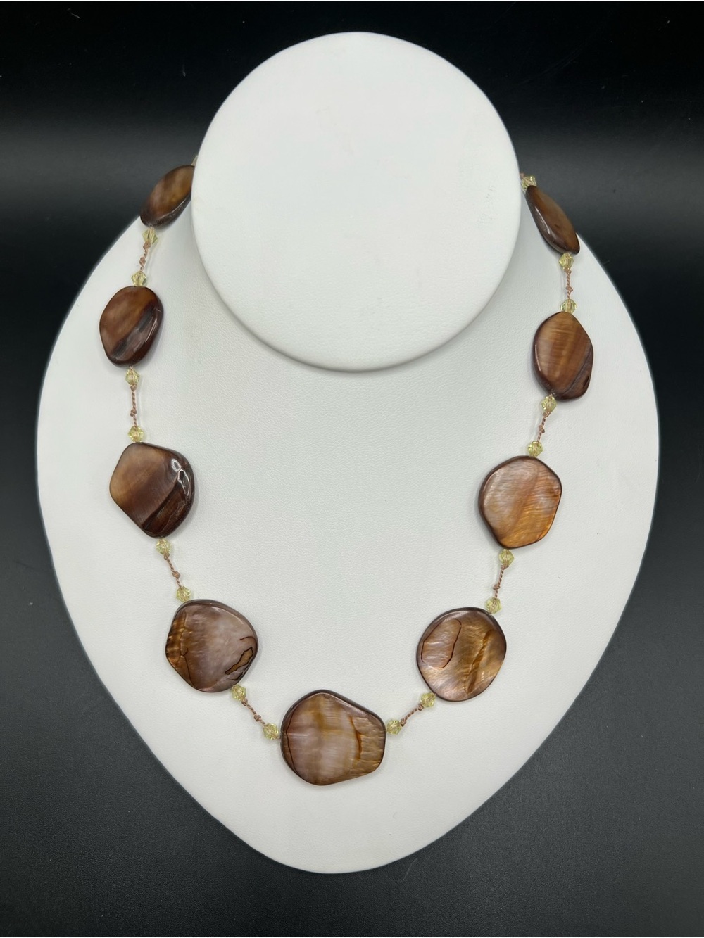 Brown Mother of Pearl Shell Nugget Necklace Faceted Crystal Beads
